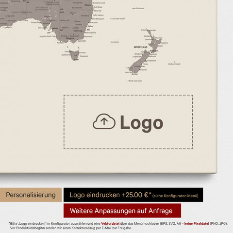 Mappa del mondo come Mappa da puntine in Warmgray (marrone-grigio), sulla quale può essere stampato un logo aziendale e possono essere effettuate ulteriori personalizzazioni come realizzazioni su misura