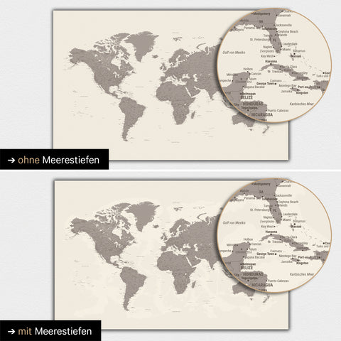 Mappa del mondo in colore Warmgray (marrone-grigio) con profondità marine bidimensionali