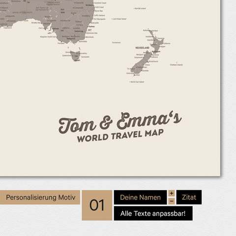 Mappa del mondo personalizzata in colore Warmgray (marrone-grigio) con il tuo nome stampato