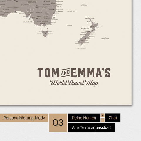 Mappa del mondo in colore Warmgray (marrone-grigio) con un logo vintage come personalizzazione moderna