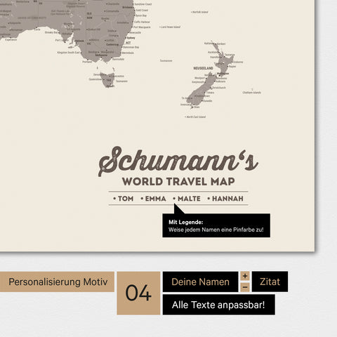 Mappa del mondo in colore Warmgray (marrone-grigio) con personalizzazione come logo familiare