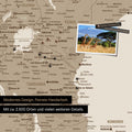 Detailreiche Afrika-Karte als Pinnwand in Desert Sand (Beige) zur Markierung von 2.500 Reisezielen in Tansania, Kenia und vielen anderen afrikanischen Ländern – ideal für die Markierung vergangener Reisen und zukünftiger Reisepläne