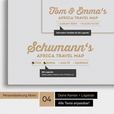 Pinnwand Leinwand einer Afrika-Karte in Light Gray mit Personalisierung als Logo mit Familiennamen und Legende