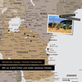 Detailreiche Afrika-Karte als Pinnwand in Multicolor Beige zur Markierung von 2.500 Reisezielen in Tansania, Kenia und vielen anderen afrikanischen Ländern – ideal für die Markierung vergangener Reisen und zukünftiger Reisepläne