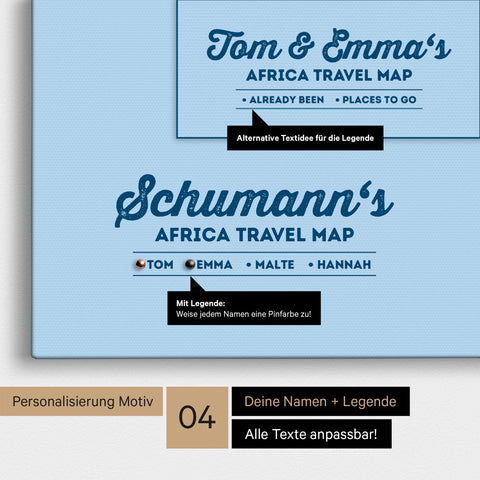 Pinnwand Leinwand einer Afrika-Karte in Multicolor Classic mit Personalisierung als Logo mit Familiennamen und Legende