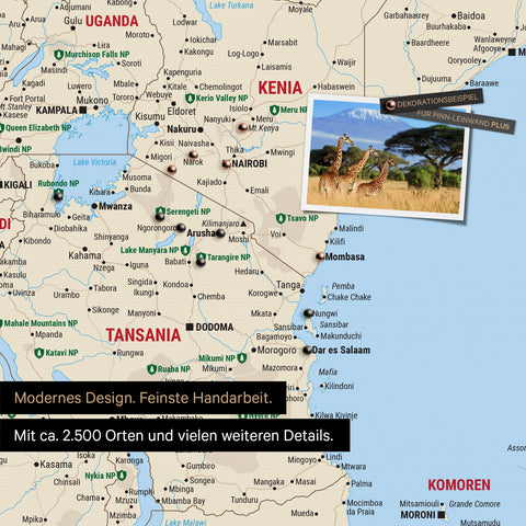 Detailreiche Afrika-Karte als Pinnwand in Multicolor Classic zur Markierung von 2.500 Reisezielen in Tansania, Kenia und vielen anderen afrikanischen Ländern – ideal für die Markierung vergangener Reisen und zukünftiger Reisepläne