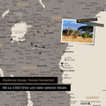 Detailreiche Afrika-Karte als Pinnwand in Warmgray (Braun-Grau) zur Markierung von 2.500 Reisezielen in Tansania, Kenia und vielen anderen afrikanischen Ländern – ideal für die Markierung vergangener Reisen und zukünftiger Reisepläne