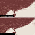 Vergleich einer Australien-Karte in Farbe Bordeaux Rot mit und ohne Straßennetz