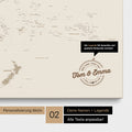 Personalisierte Australien-Karte als Pinn-Leinwand in Farbe Bronze mit eingedruckten Namen und einer Legende zur Markierung von besuchten Orten