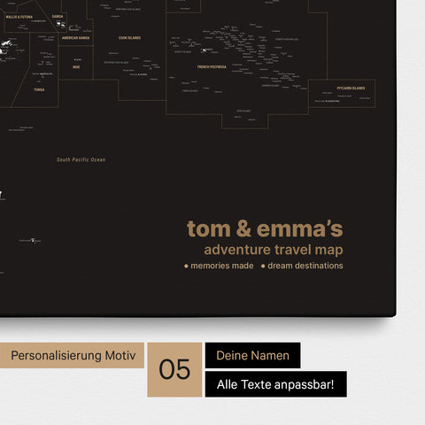 Mappa dell’Australia e dell’Oceania con puntine TRAVEL® – Sonar Black (Nero-Oro)