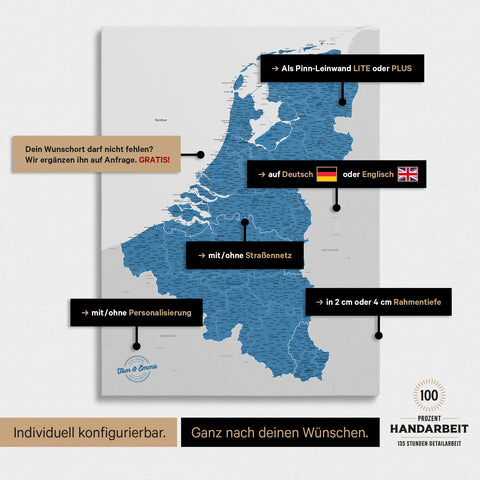 Mappa del Benelux per puntine TRAVEL® – Blu oceano