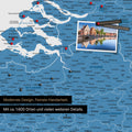 Benelux-Landkarte in Blau als Leinwand zum Pinnen zeigt einen Ausschnitt von Seeland, Ostflandern und Antwerpen mit vielen Details wie Nationalparks, Flüssen und zahlreichen kleinen Orten und Städten, die teilweise mit Pins markiert sind