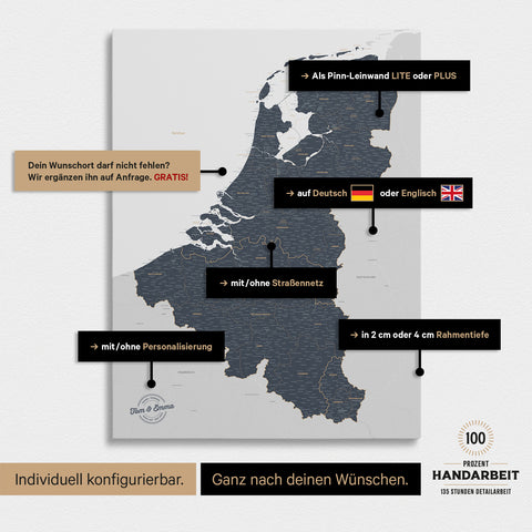 Mappa del Benelux per puntine TRAVEL® – Blu denim