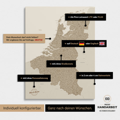 Mappa del Benelux per puntine TRAVEL® – Sabbia del deserto