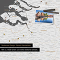 Benelux-Landkarte in Dunkelgrau als Leinwand zum Pinnen zeigt einen Ausschnitt von Seeland, Ostflandern und Antwerpen mit vielen Details wie Nationalparks, Flüssen und zahlreichen kleinen Orten und Städten, die teilweise mit Pins markiert sind
