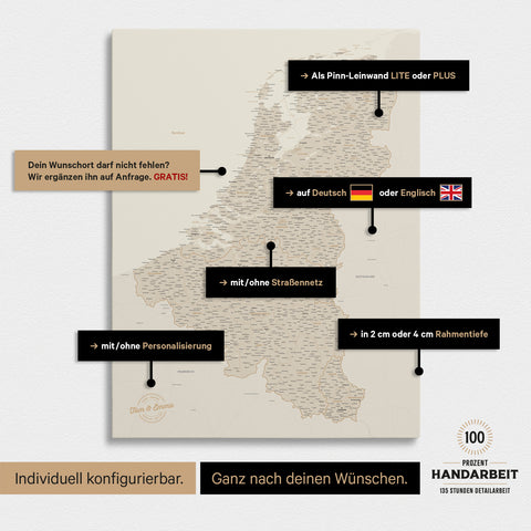 Mappa del Benelux per puntine TRAVEL® – Oro