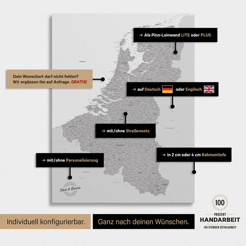 Mappa del Benelux per puntine TRAVEL® – Grigio freddo