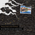 Benelux-Landkarte in Light Black als Leinwand zum Pinnen zeigt einen Ausschnitt von Seeland, Ostflandern und Antwerpen mit vielen Details wie Nationalparks, Flüssen und zahlreichen kleinen Orten und Städten, die teilweise mit Pins markiert sind