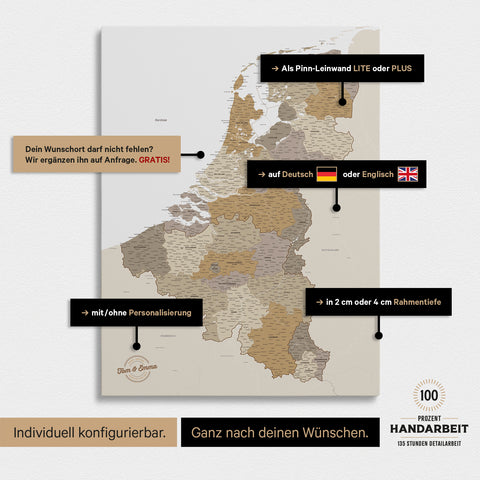 Mappa del Benelux per puntine TRAVEL® – Beige multicolore