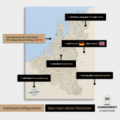 Mappa del Benelux per puntine TRAVEL® – Classico multicolore