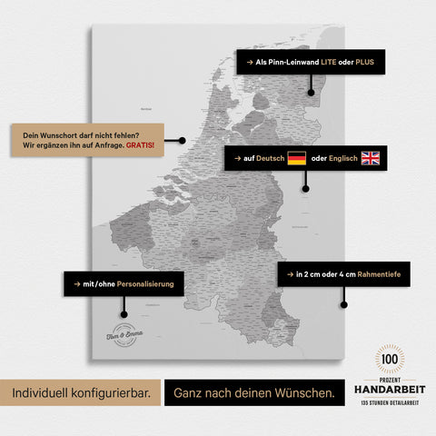 Mappa del Benelux per puntine TRAVEL® – Grigio multicolore