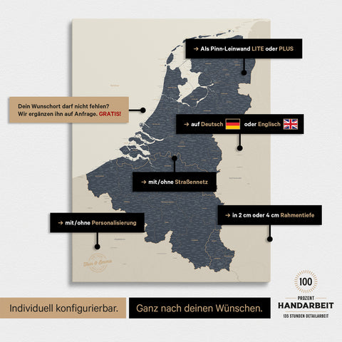 Mappa del Benelux per puntine TRAVEL® – Navy Light
