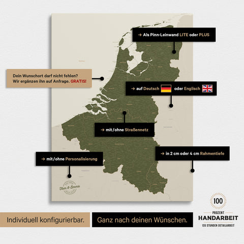 Mappa del Benelux per puntine TRAVEL® – Verde oliva