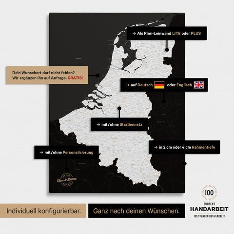 Mappa del Benelux per puntine TRAVEL® – Nero scuro (bianco e nero)