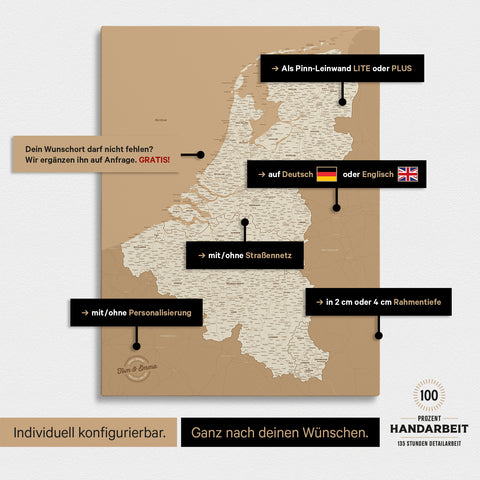 Mappa del Benelux per puntine TRAVEL® – Oro tesoro