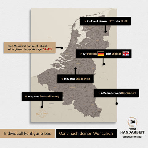 Mappa del Benelux per puntine TRAVEL® – Grigio caldo