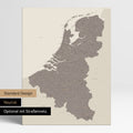 Neutrale Standard Ausführung der detaillierten Benelux-Karte als Pinnwand Leinwand in Warmgray ohne Personalisierung