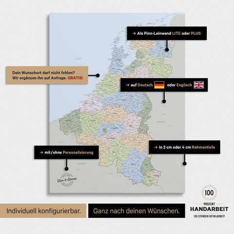 Mappa del Benelux per puntine TRAVEL® – Atlante multicolore politica