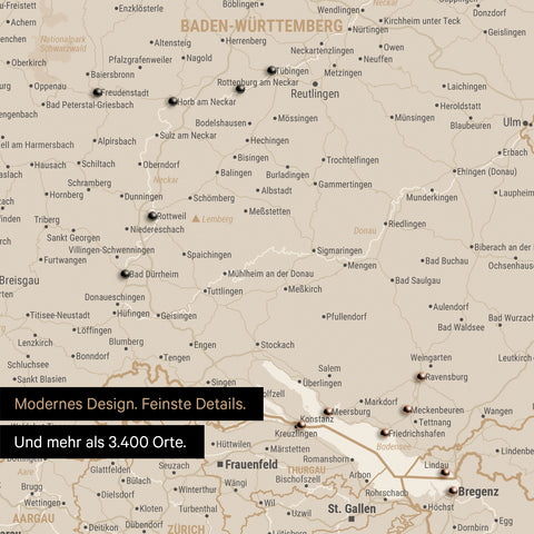 Mappa di Germania, Austria e Svizzera per puntine TRAVEL® – Oro