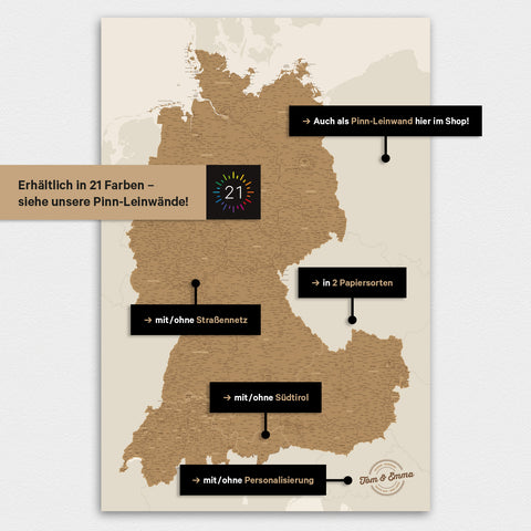 Mappa di Germania, Austria e Svizzera TRAVEL® su lavagna magnetica – in 21 colori