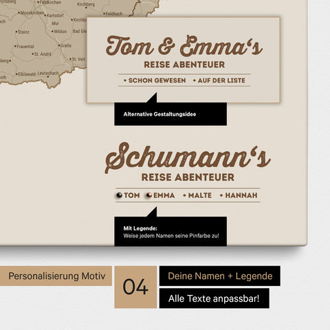 Pinnwand Leinwand einer DACH-Karte in Desert Sand (Beige) mit Personalisierung als Logo mit Familiennamen