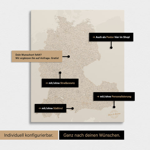 Mappa di Germania, Austria e Svizzera per puntine TRAVEL® – Oro