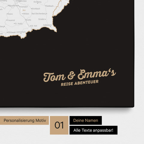 DACH-Karte als Pinnwand Leinwand in Light Black mit Personalisierung und Eindruck mit deinem Namen