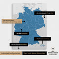 Vielfältige Konfigurationsmöglichkeiten einer Deutschland-Karte als Pinn-Leinwand in Blau