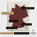 Vielfältige Konfigurationsmöglichkeiten einer Deutschland-Karte als Pinn-Leinwand in Bordeaux Rot