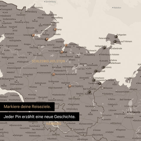Detail einer Deutschland-Karte als Pinn-Leinand in Warmgray (Braun-Grau) mit Pins in Schleswig-Holstein