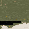 Ausschnitte einer Deutschlandkarte mit Bayern als Pinn-Leinwand in Olive Green mit Bergen, Seen und 2.500 Orten