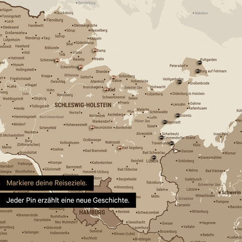 Detail einer Deutschland-Karte als Pinn-Leinand in Multicolor Brown mit Pins in Schleswig-Holstein
