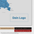 Weltkarte als Deutschland-Karte in Blau mit Eindruck eines Firmenlogos
