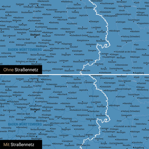 Magnetische Deutschland-Karte in Blau mit optionalem Straßennetz von Autobahnen und Landstraßen