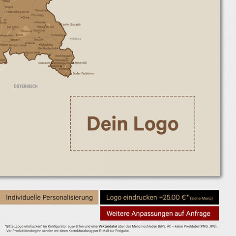 Weltkarte als Deutschland-Karte in Bronze mit Eindruck eines Firmenlogos