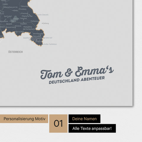 Magnetische Deutschland-Karte als Magnetboard in Denim Blue mit Personalisierung und eigedruckten Namen