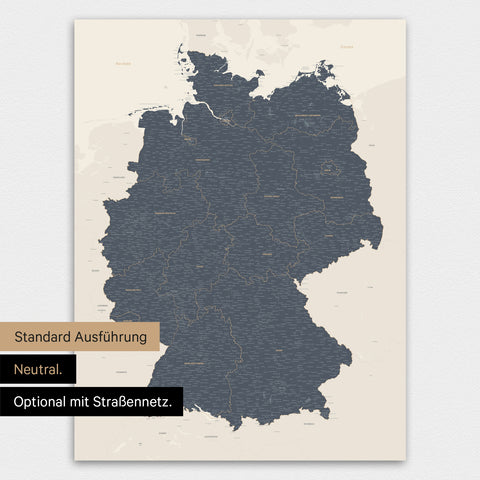 Neutrale und schlichte Ausführung einer magnetischen Deutschland-Karte in Navy Light