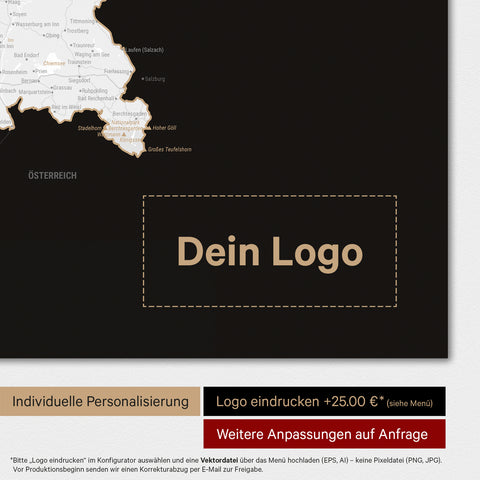 Weltkarte als Deutschland-Karte in Schwarz-Weiss mit Eindruck eines Firmenlogos