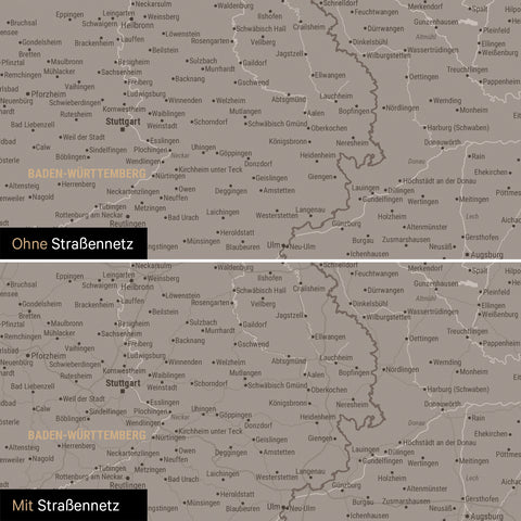 Magnetische Deutschland-Karte in Warmgray (Braun-Grau) mit optionalem Straßennetz von Autobahnen und Landstraßen