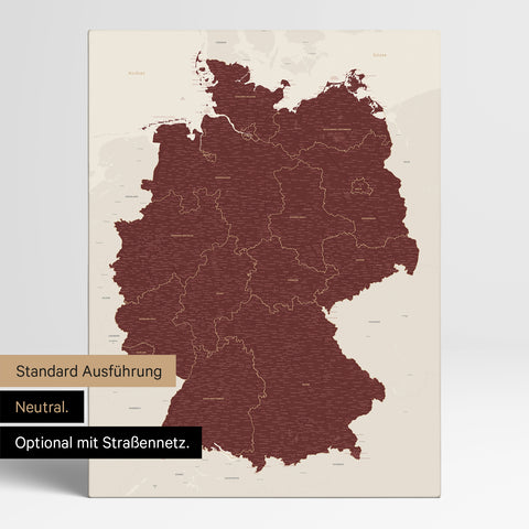 Neutrale und schlichte Standard-Ausführung einer Deutschland-Karte als Pinn-Leinwand in Bordeaux Rot